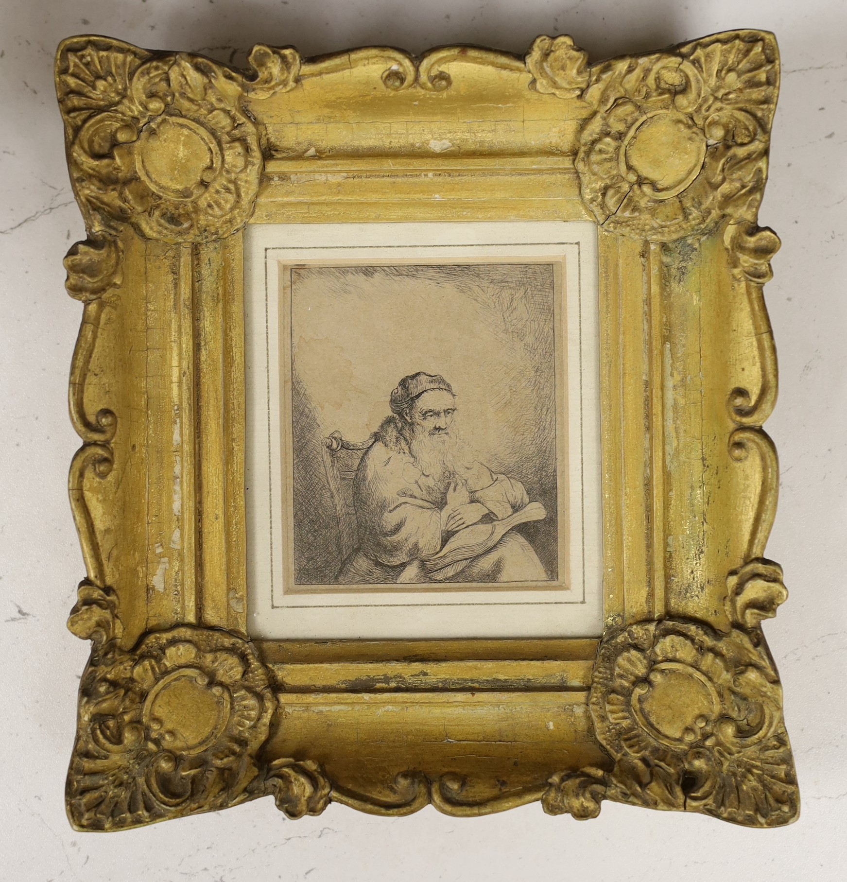 After Ferdinand Bol (Dutch, 1616-1680), etching, Man with trefoil, 9 x 7.5cm
